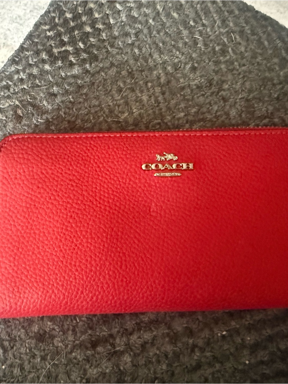 Coach Pebbled Leather Zip Card Wallet in Red with Gold Logo